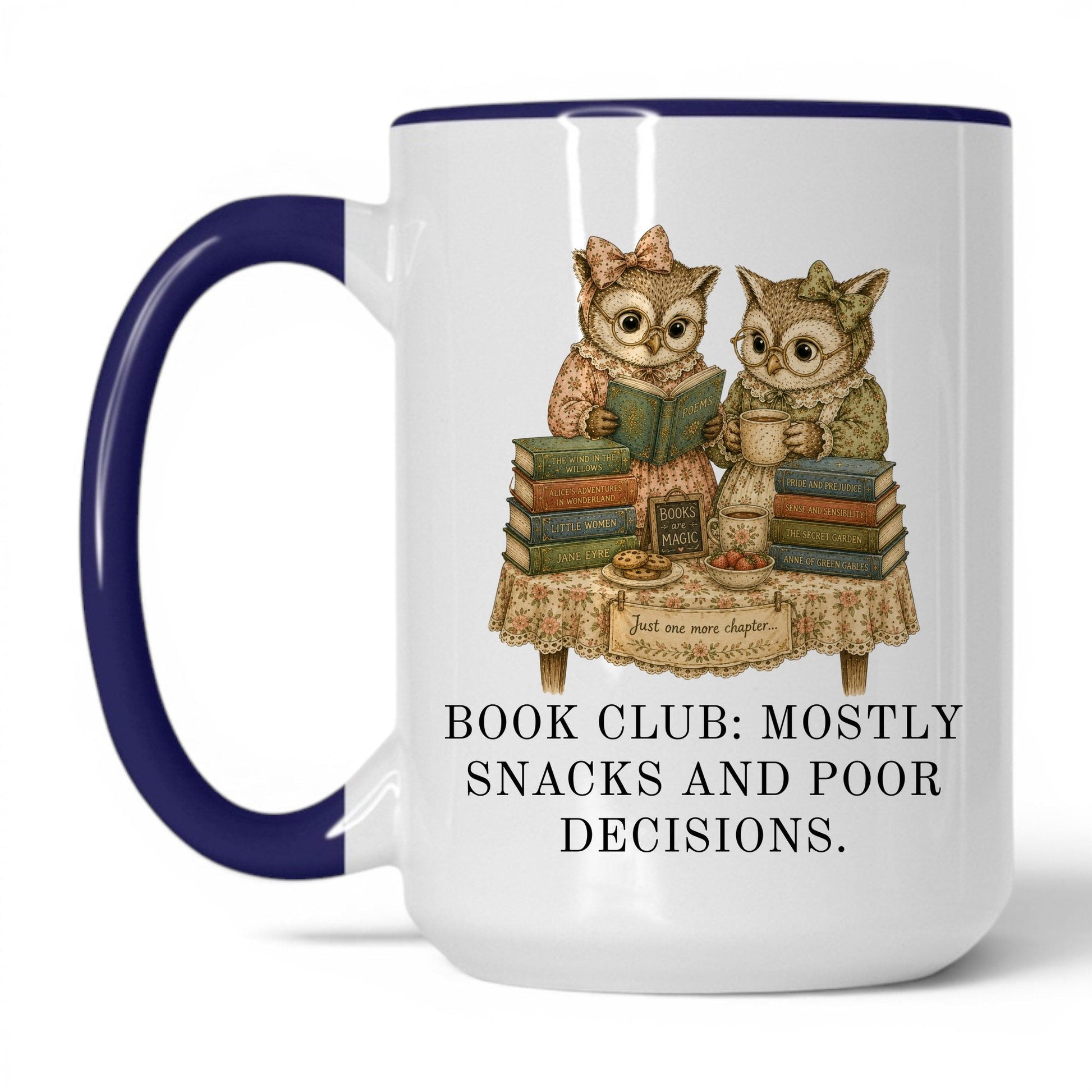 Book Club Snacks And Poor Decisions Mug – 15oz White/Midnight Blue Mug