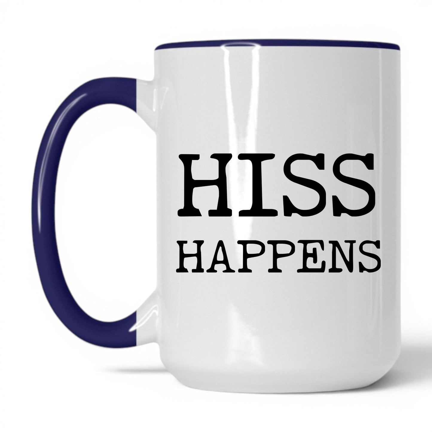 Hiss Happens 15oz white and midnight blue coffee mug