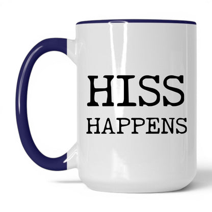 Hiss Happens 15oz white and midnight blue coffee mug