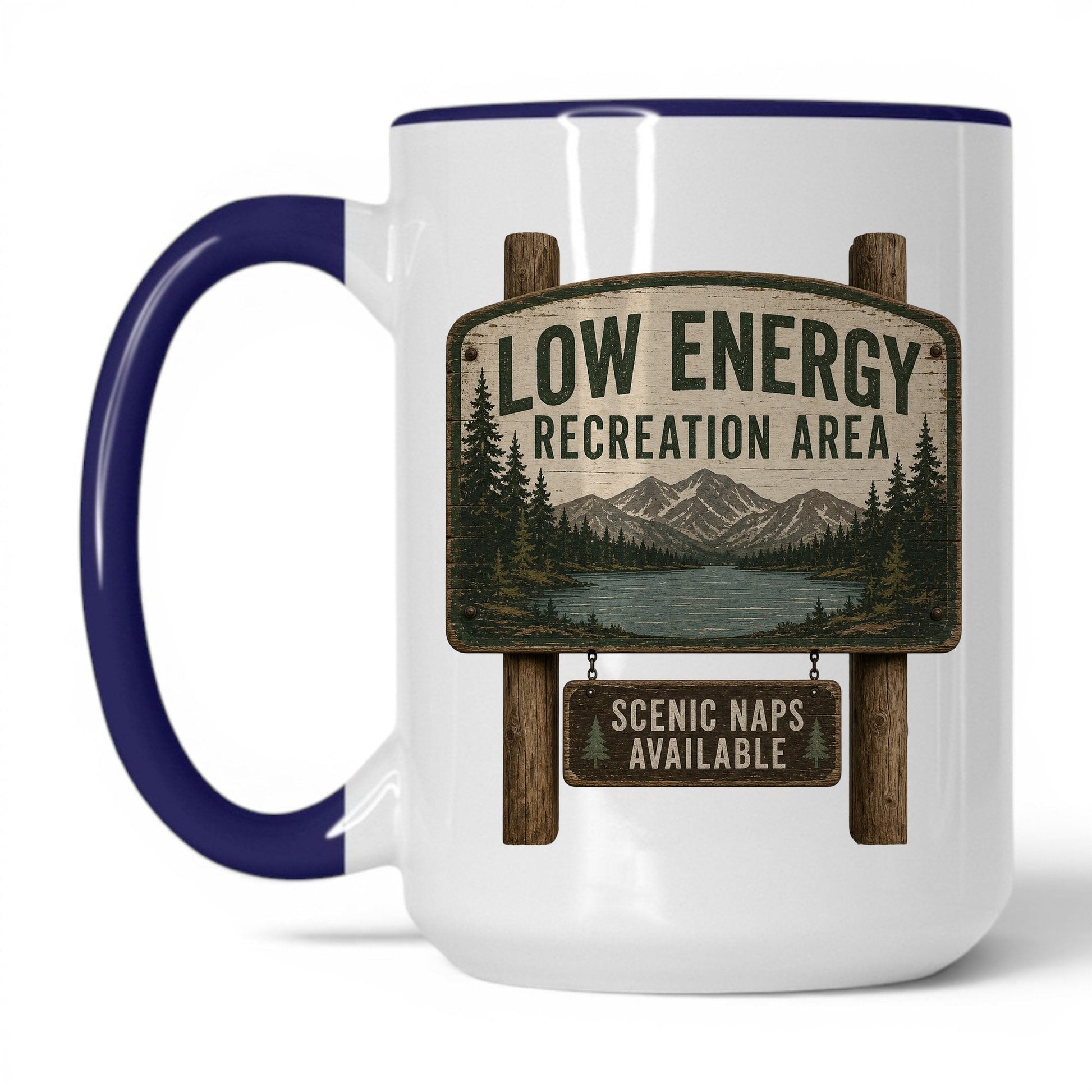 Low Energy Recreation Area Mug – 15oz White/Midnight Blue Mug