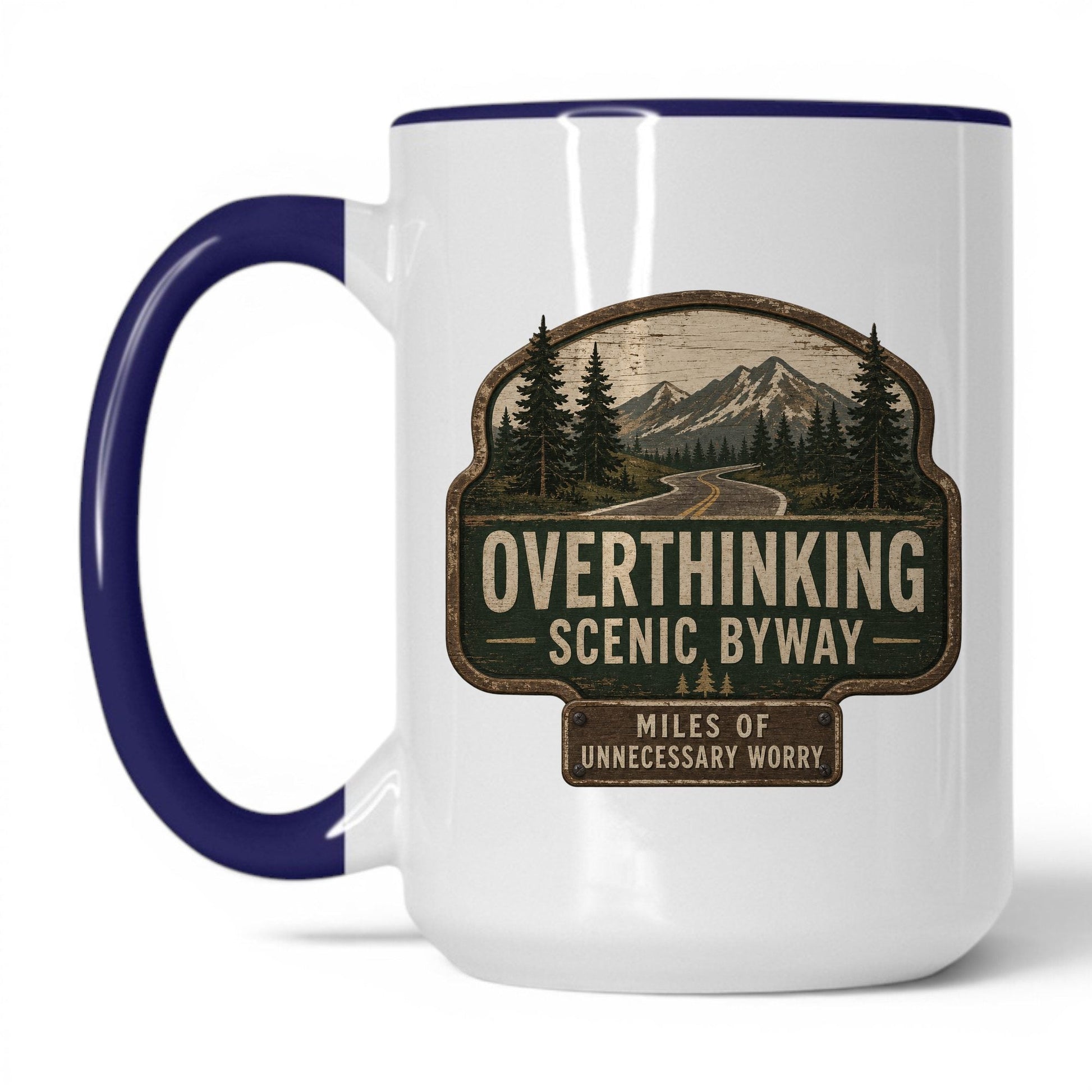 Overthinking Scenic Byway Mug – 15oz White/Midnight Blue Mug