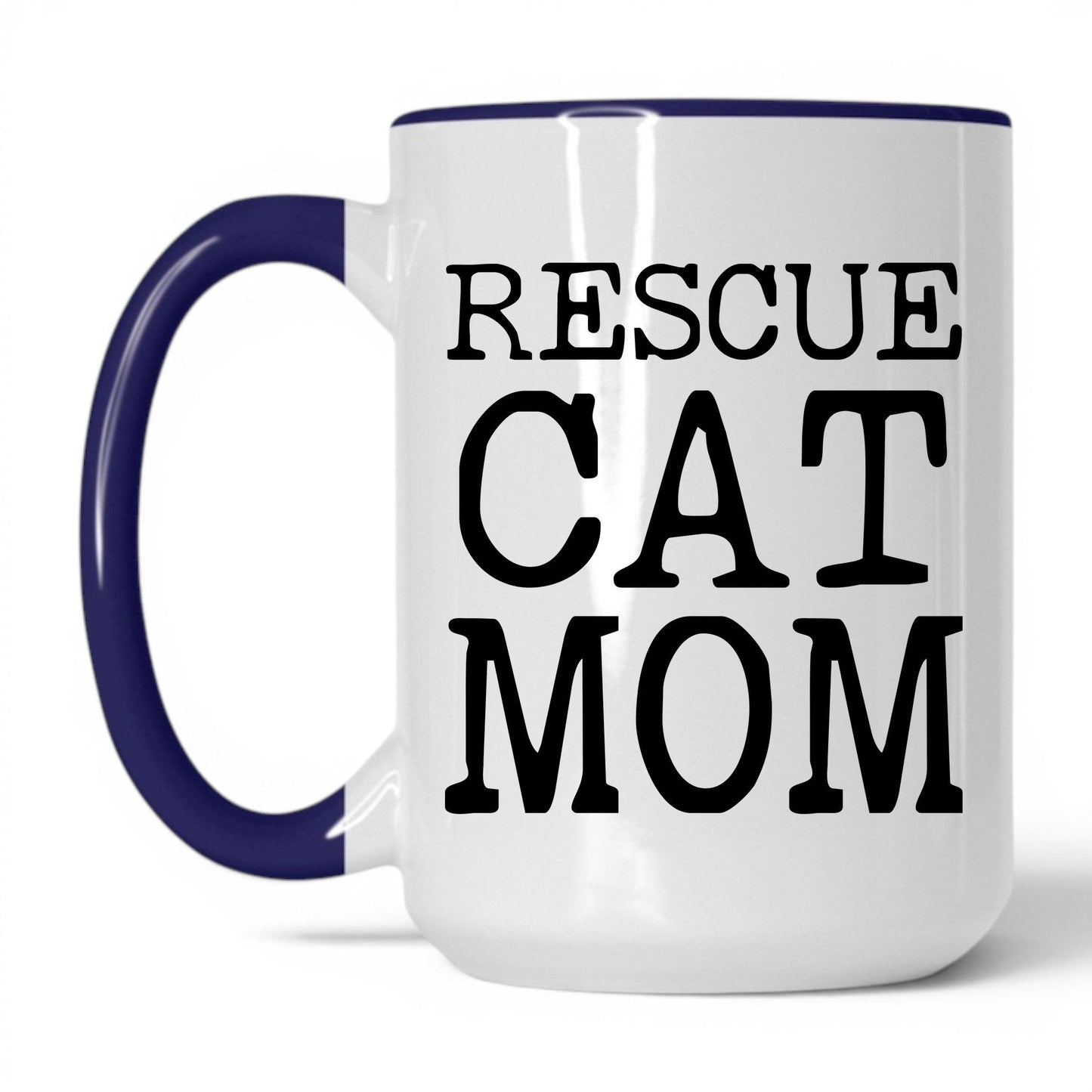 Rescue Cat Mom 15oz white and midnight blue coffee mug