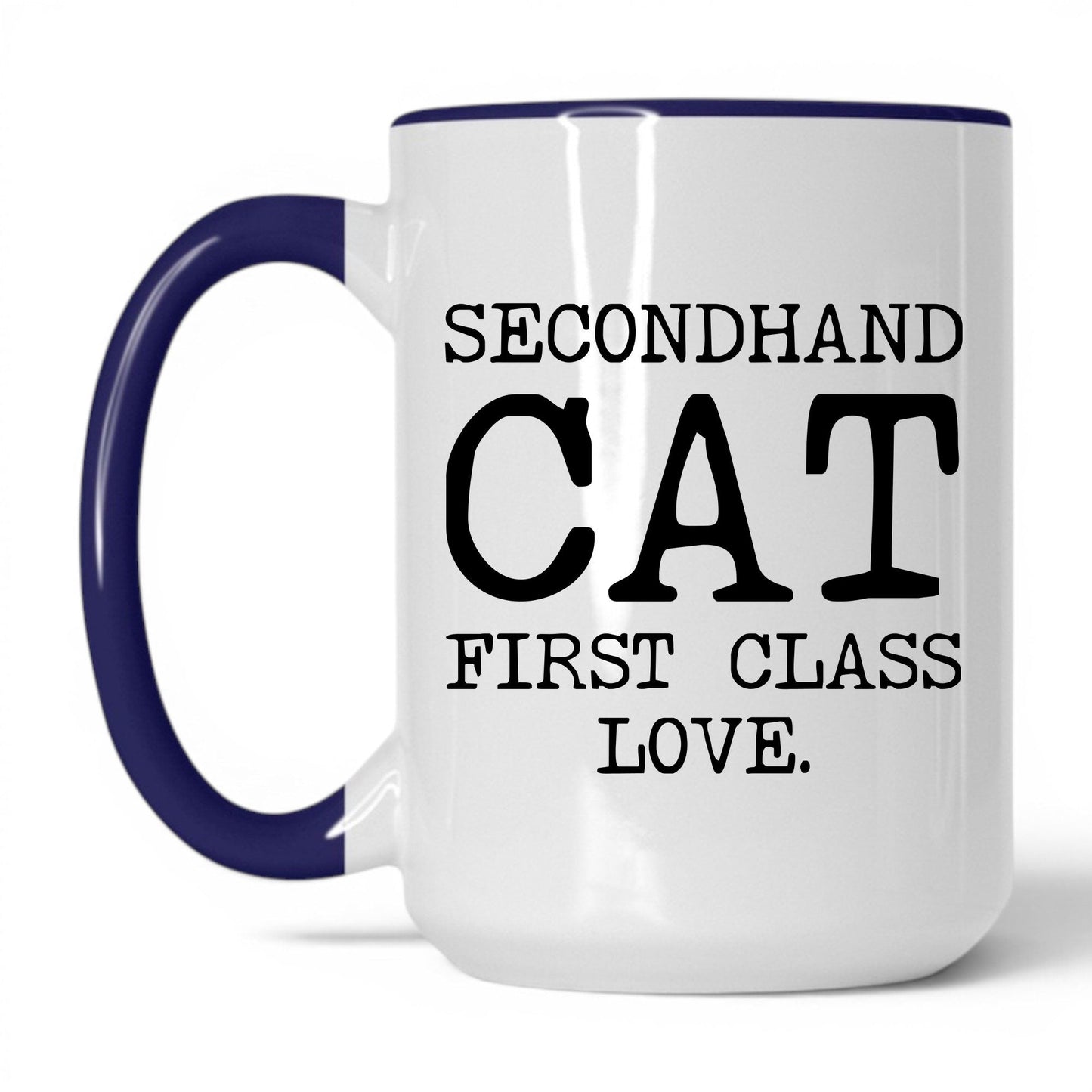Secondhand Cat First Class Love 15oz white and midnight blue coffee mug