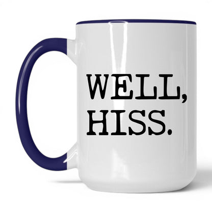 Well Hiss 15oz white and midnight blue coffee mug