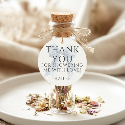 Editable Elegant White Bow Baby Shower Round Favor Tag Canva Template