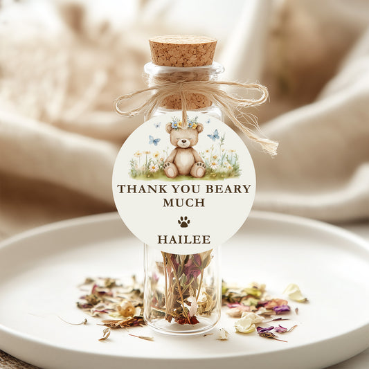 Editable We Can Bearly Wait Baby Shower Round Favor Tag Canva Template