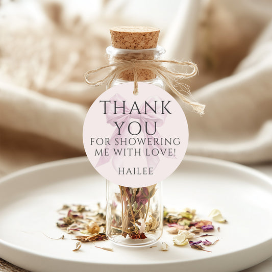 Editable Elegant Pink Bow Baby Shower Round Favor Tag Canva Template