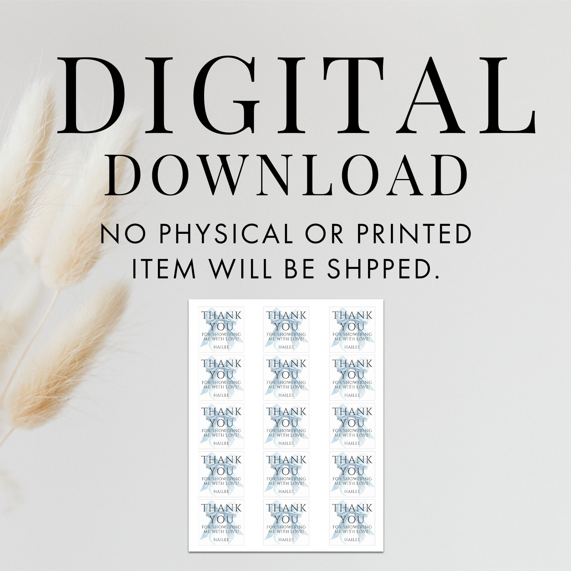 Editable Elegant Blue Bow Baby Shower Square Favor Tag Canva Template