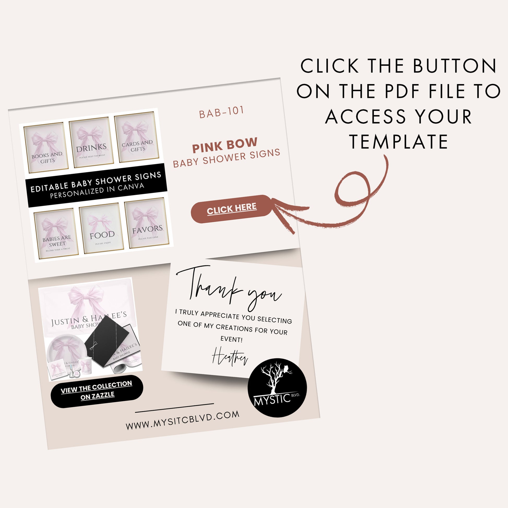 Editable Elegant Pink Bow Baby Shower Sign Bundle Canva Template