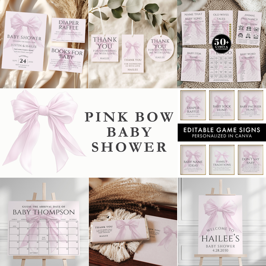 Editable Elegant Pink Bow Baby Shower Mega Bundle Canva Template