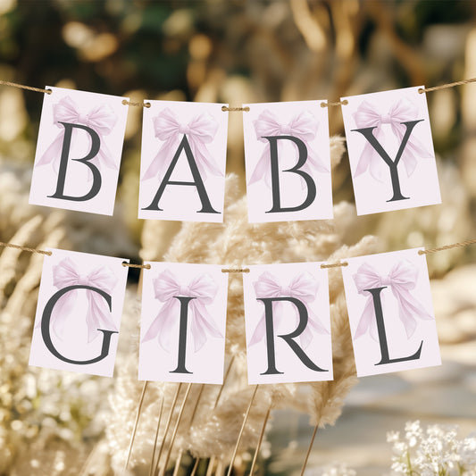 Editable Elegant Pink Bow Baby Shower Bunting Banner Canva Template