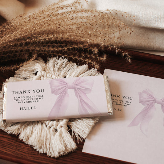 Editable Elegant Pink Bow Baby Shower Candy Wrapper Canva Template