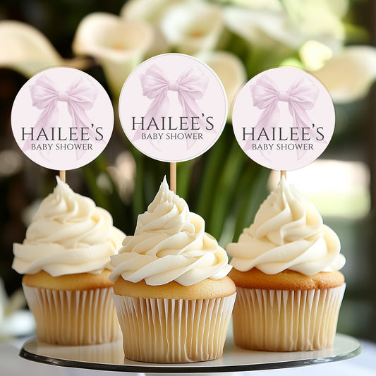 Editable Elegant Pink Bow Baby Shower Cupcake Topper Canva Template