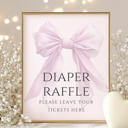 Printable Elegant Pink Bow Baby Shower Diaper Raffle Sign