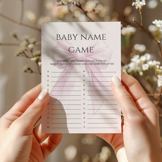 Printable Elegant Pink Bow Baby Shower Baby Name Game Game