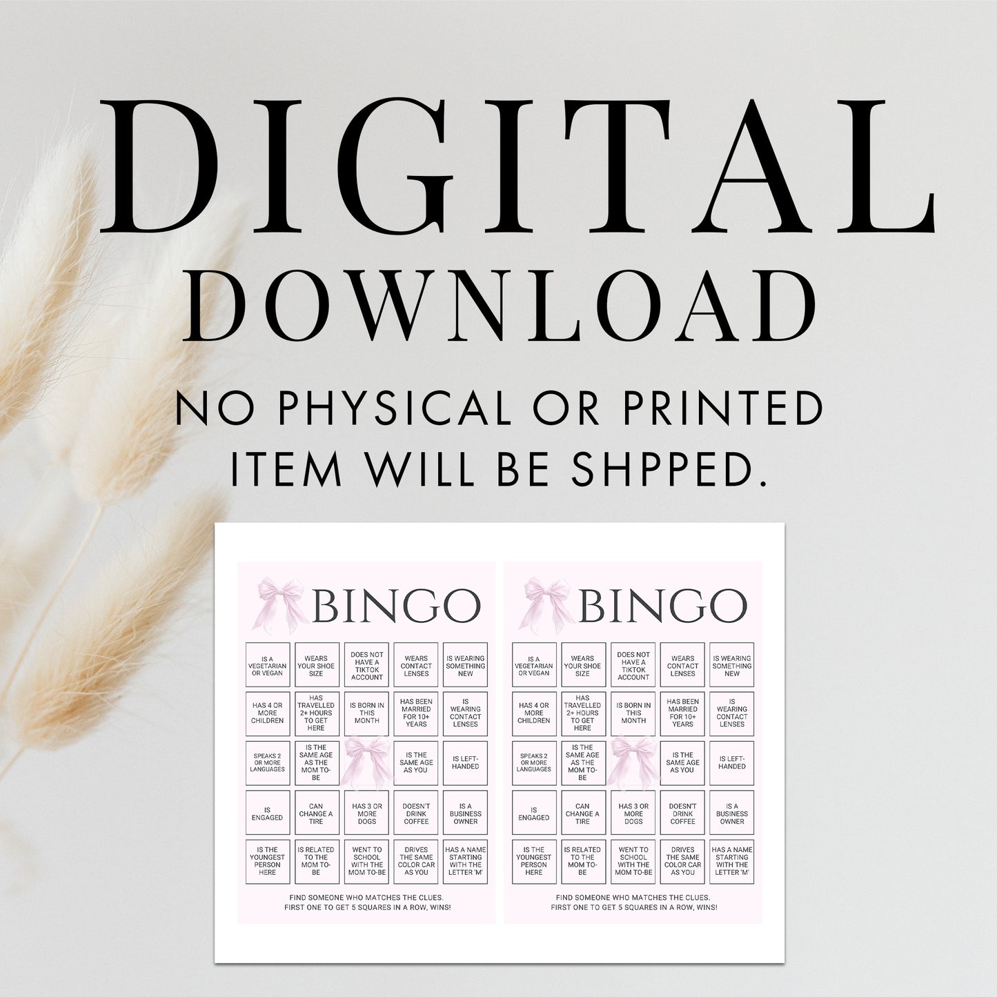 Printable Elegant Pink Bow Baby Shower Bingo Game