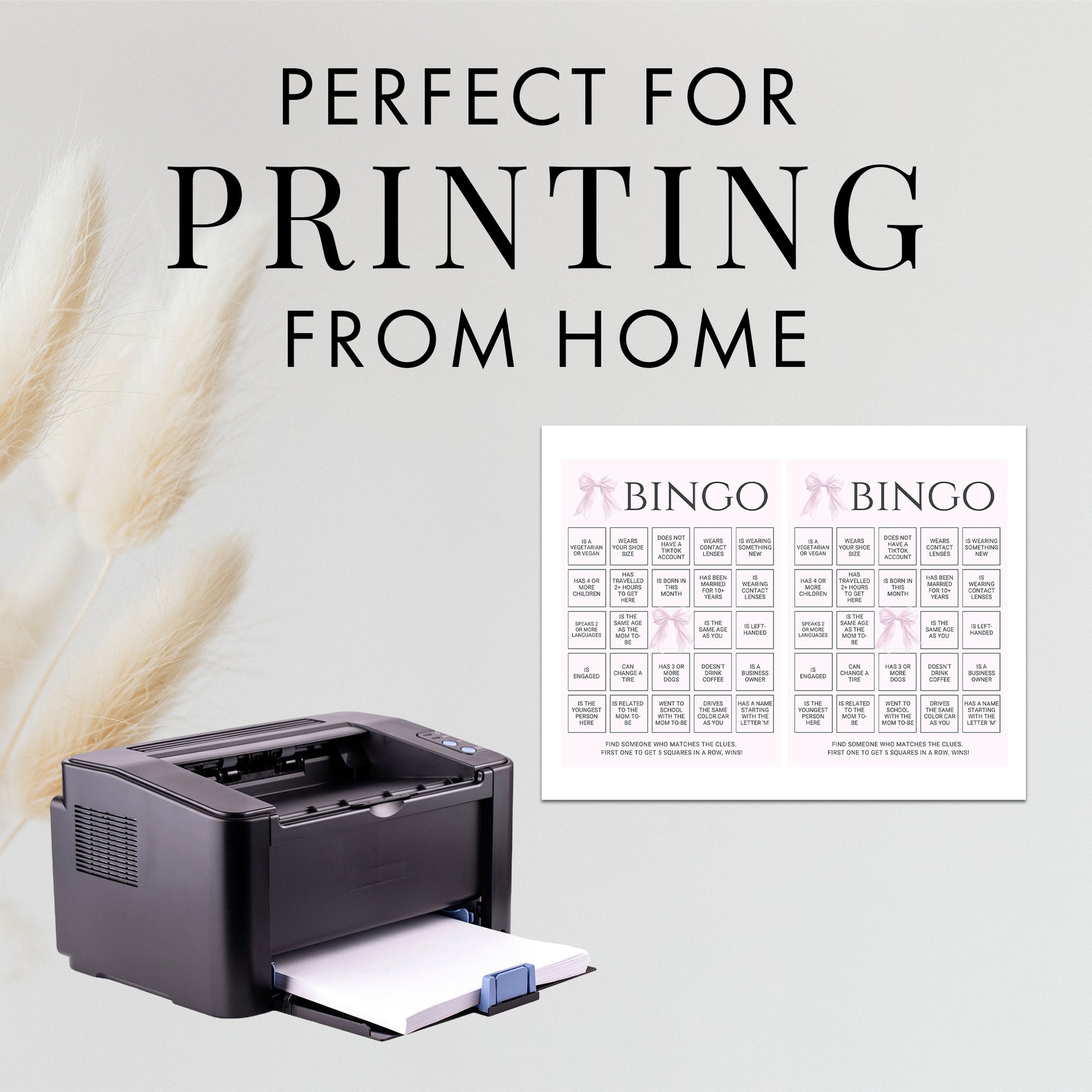 Printable Elegant Pink Bow Baby Shower Bingo Game