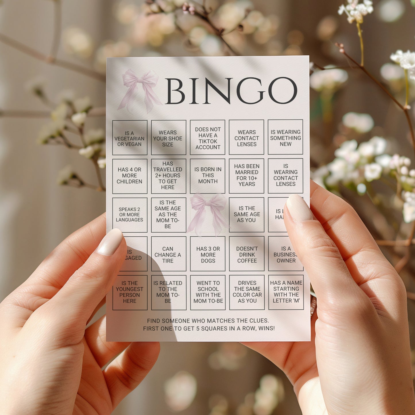 Printable Elegant Pink Bow Baby Shower Bingo Game