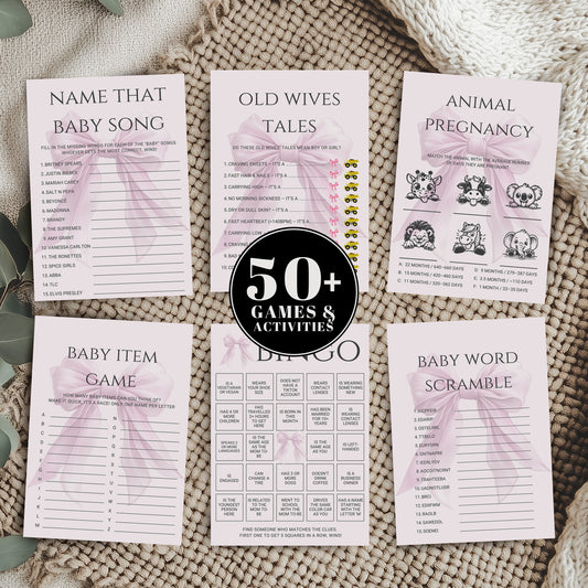 Editable Elegant Pink Bow Baby Shower Game Bundle Canva Template