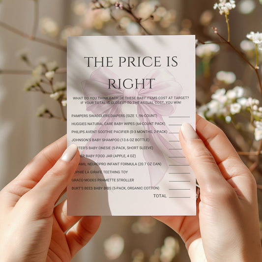 Printable Elegant Pink Bow Baby Shower The Price is Right Game