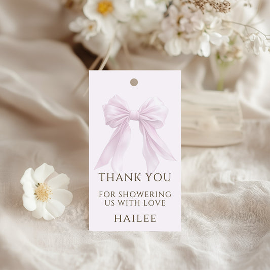 Editable Elegant Pink Bow Baby Shower Gift Tag Canva Template