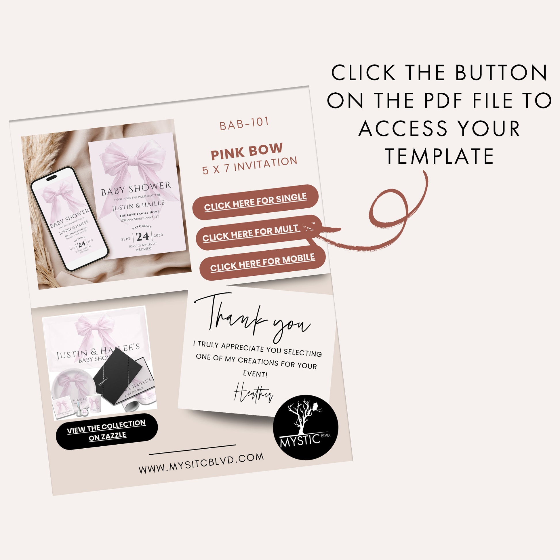 Editable Elegant Pink Bow Baby Shower Invitation Canva Template