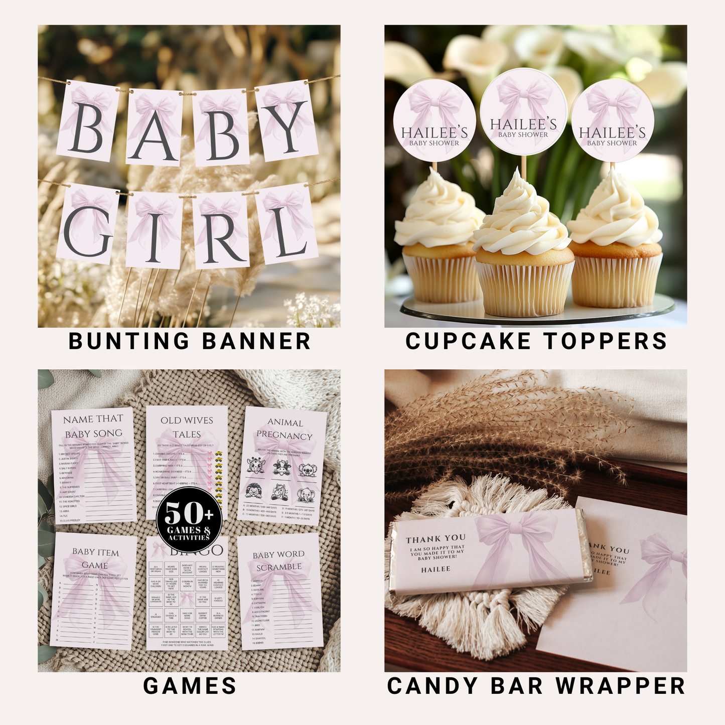 Editable Elegant Pink Bow Baby Shower Mega Bundle Canva Template