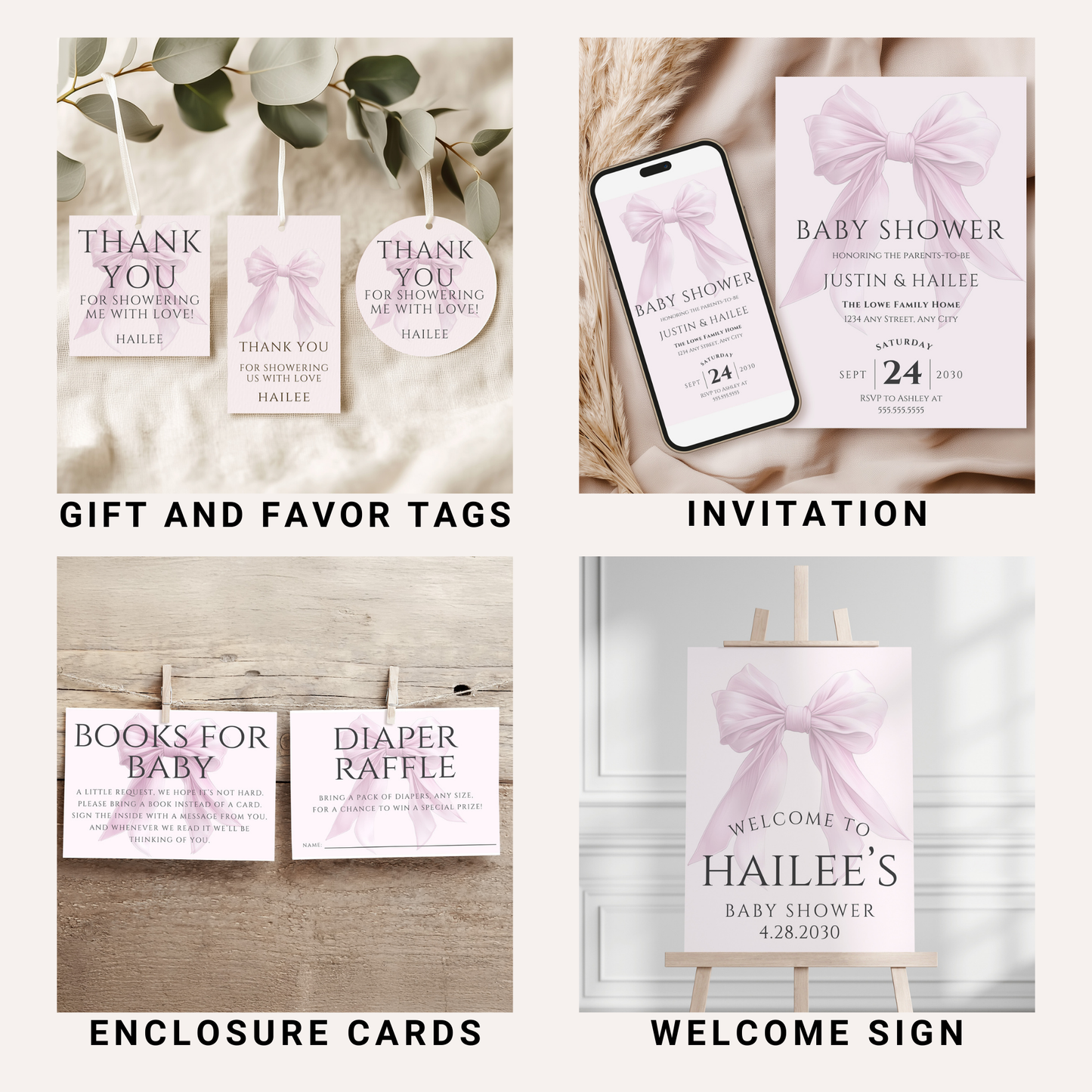 Editable Elegant Pink Bow Baby Shower Mega Bundle Canva Template