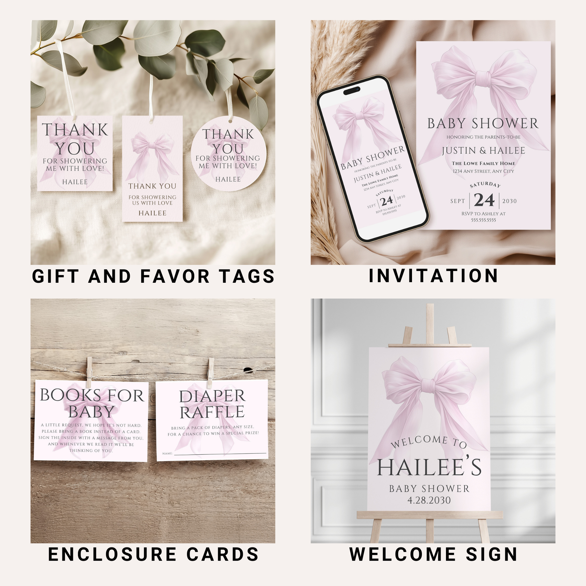 Editable Elegant Pink Bow Baby Shower Mega Bundle Canva Template