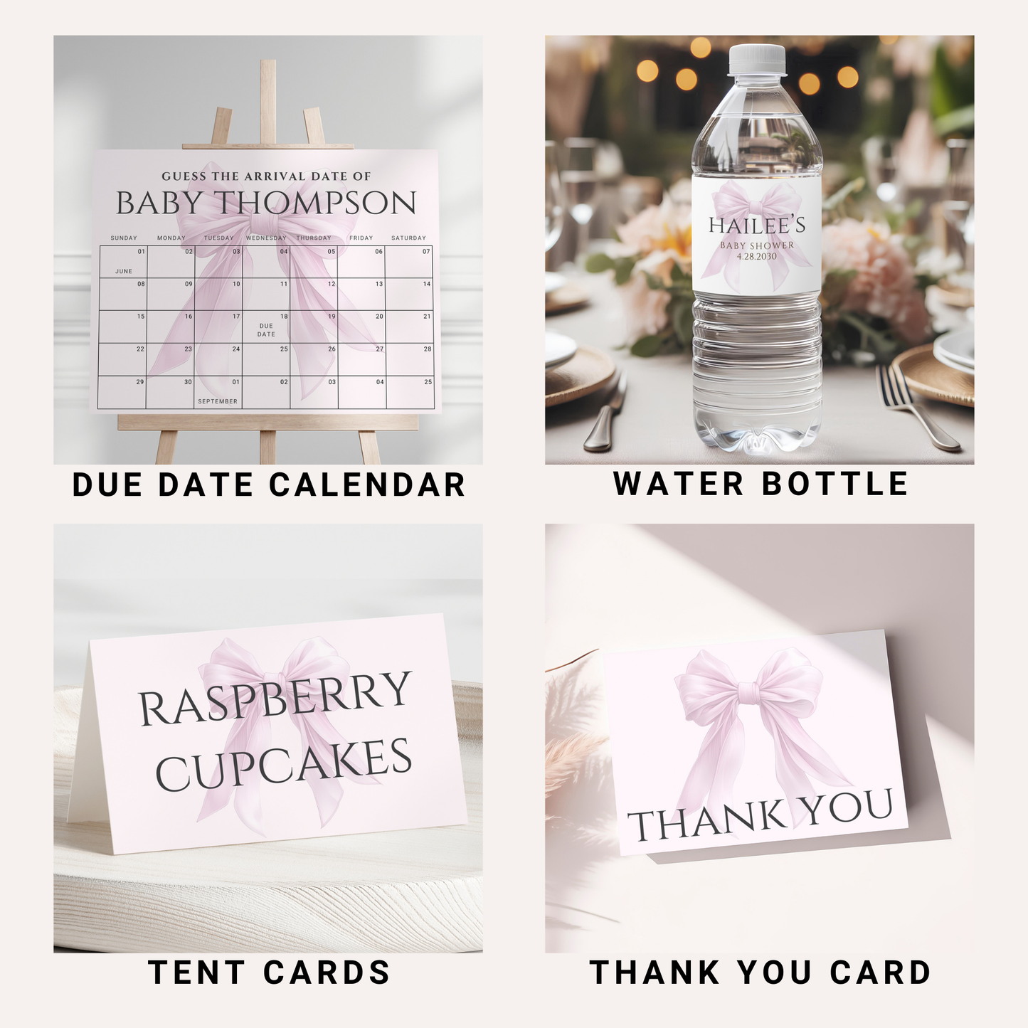 Editable Elegant Pink Bow Baby Shower Mega Bundle Canva Template
