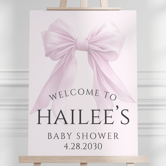 Editable Elegant Pink Bow Baby Shower Welcome Sign Canva Template