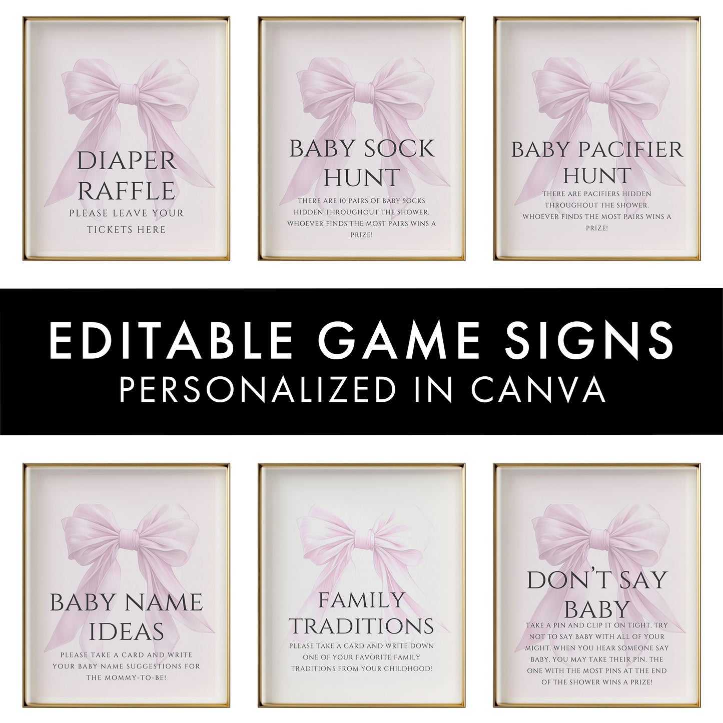 Editable Elegant Pink Bow Baby Shower Game Bundle Canva Template