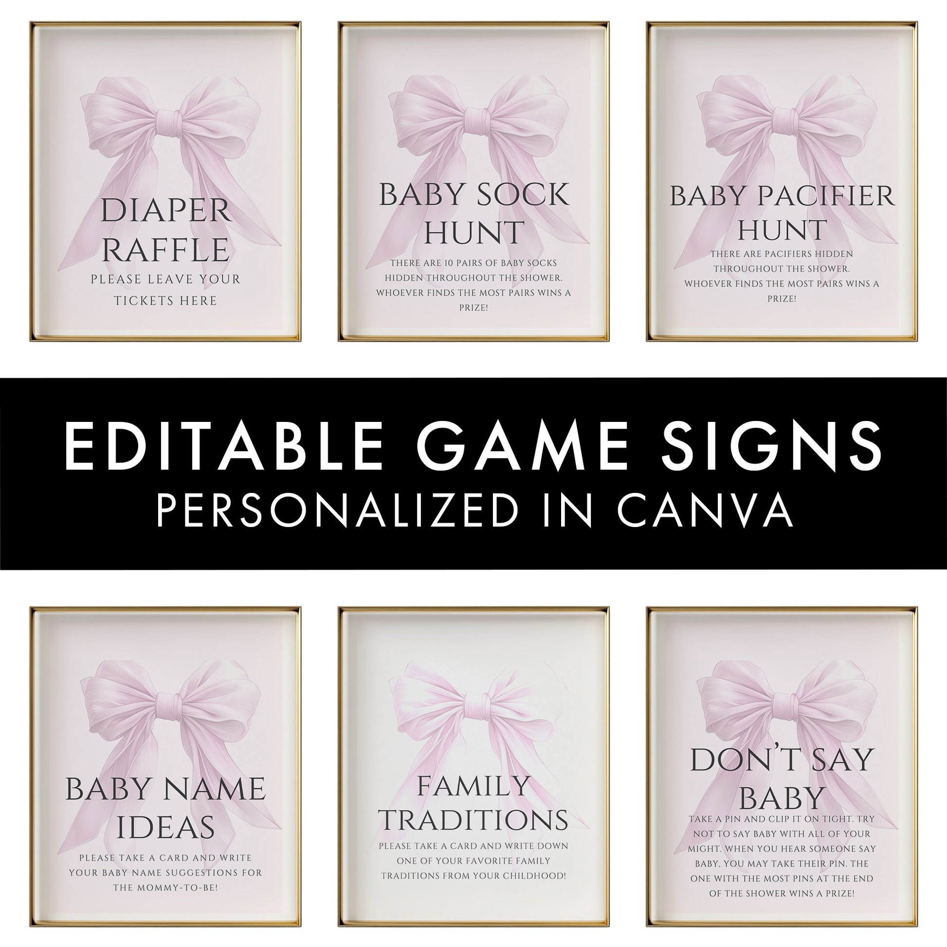 Editable Elegant Pink Bow Baby Shower Game Bundle Canva Template