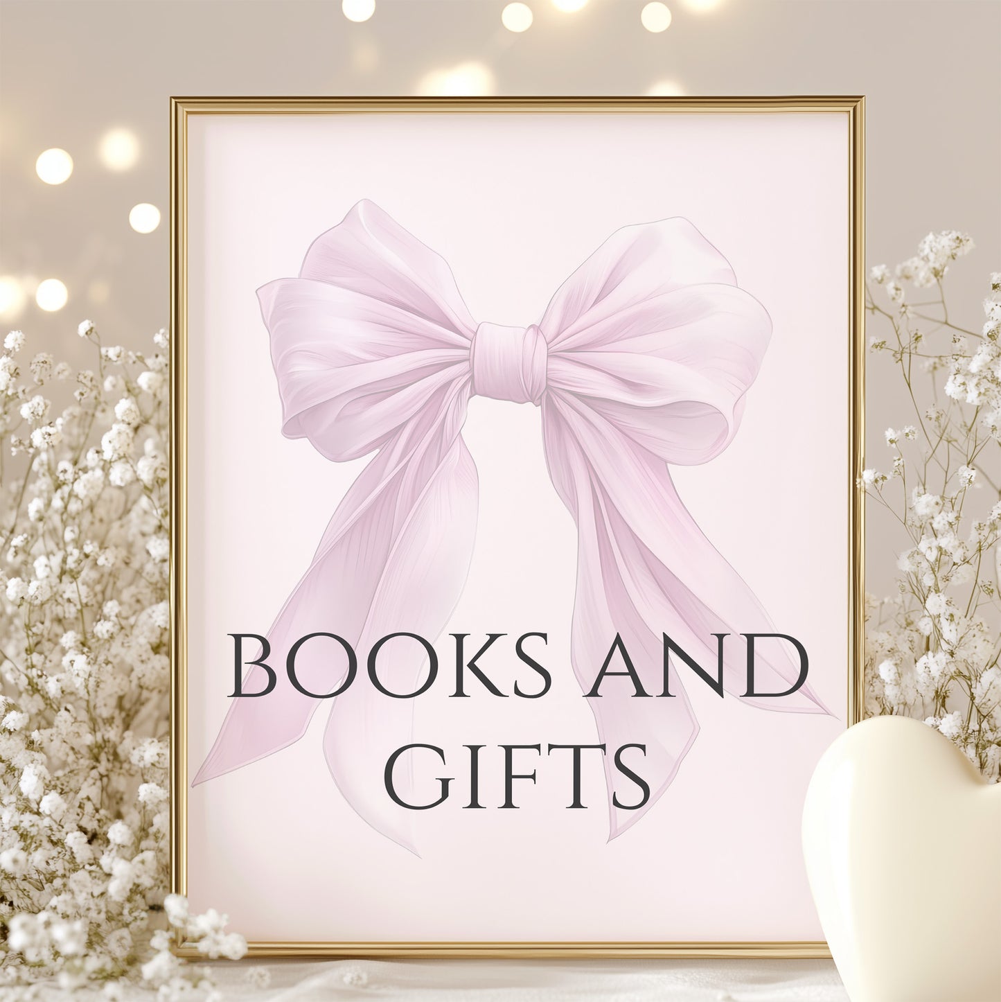 Printable Elegant Pink Bow Baby Shower Books and Gifts Sign
