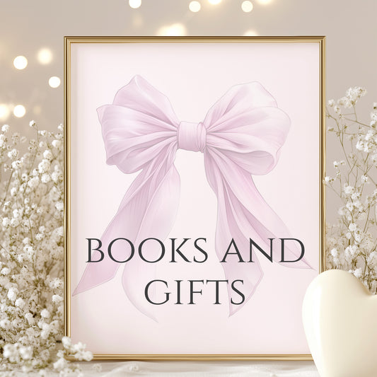 Printable Elegant Pink Bow Baby Shower Books and Gifts Sign