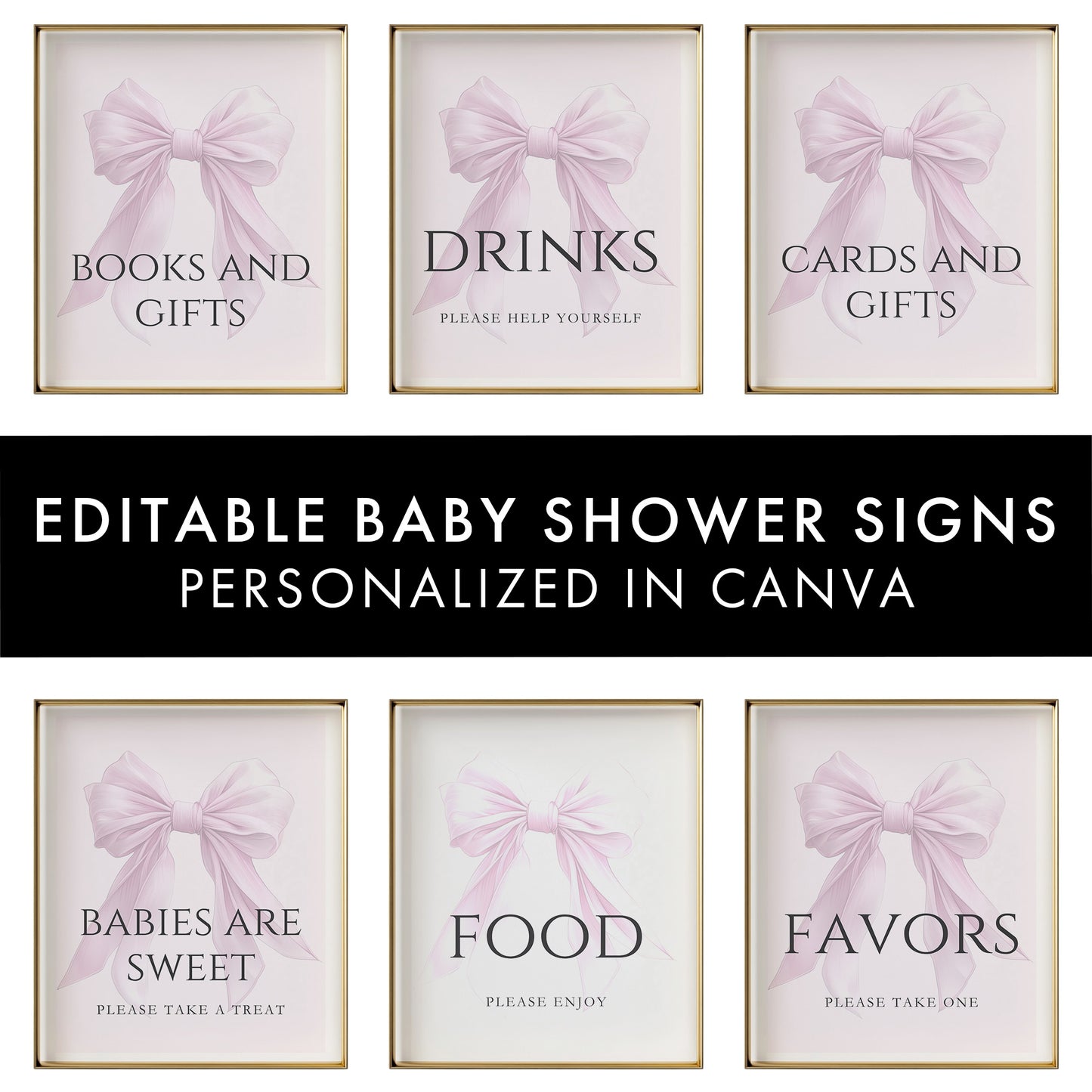 Editable Elegant Pink Bow Baby Shower Sign Bundle Canva Template