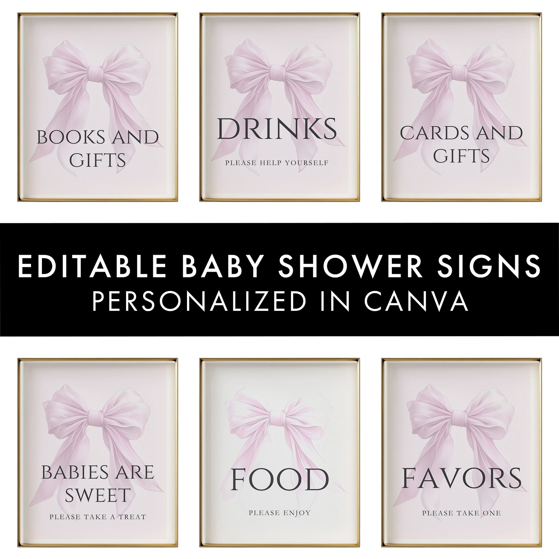 Editable Elegant Pink Bow Baby Shower Sign Bundle Canva Template