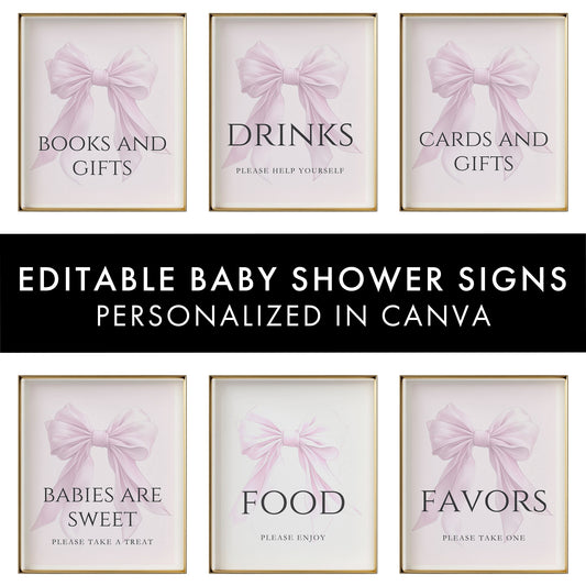 Editable Elegant Pink Bow Baby Shower Sign Bundle Canva Template