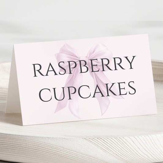 Editable Elegant Pink Bow Baby Shower Tent Card Canva Template