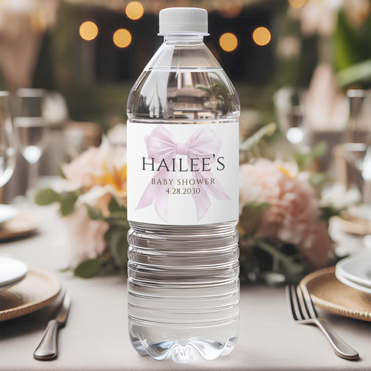 Editable Elegant Pink Bow Baby Shower Water Bottle Label Canva Template