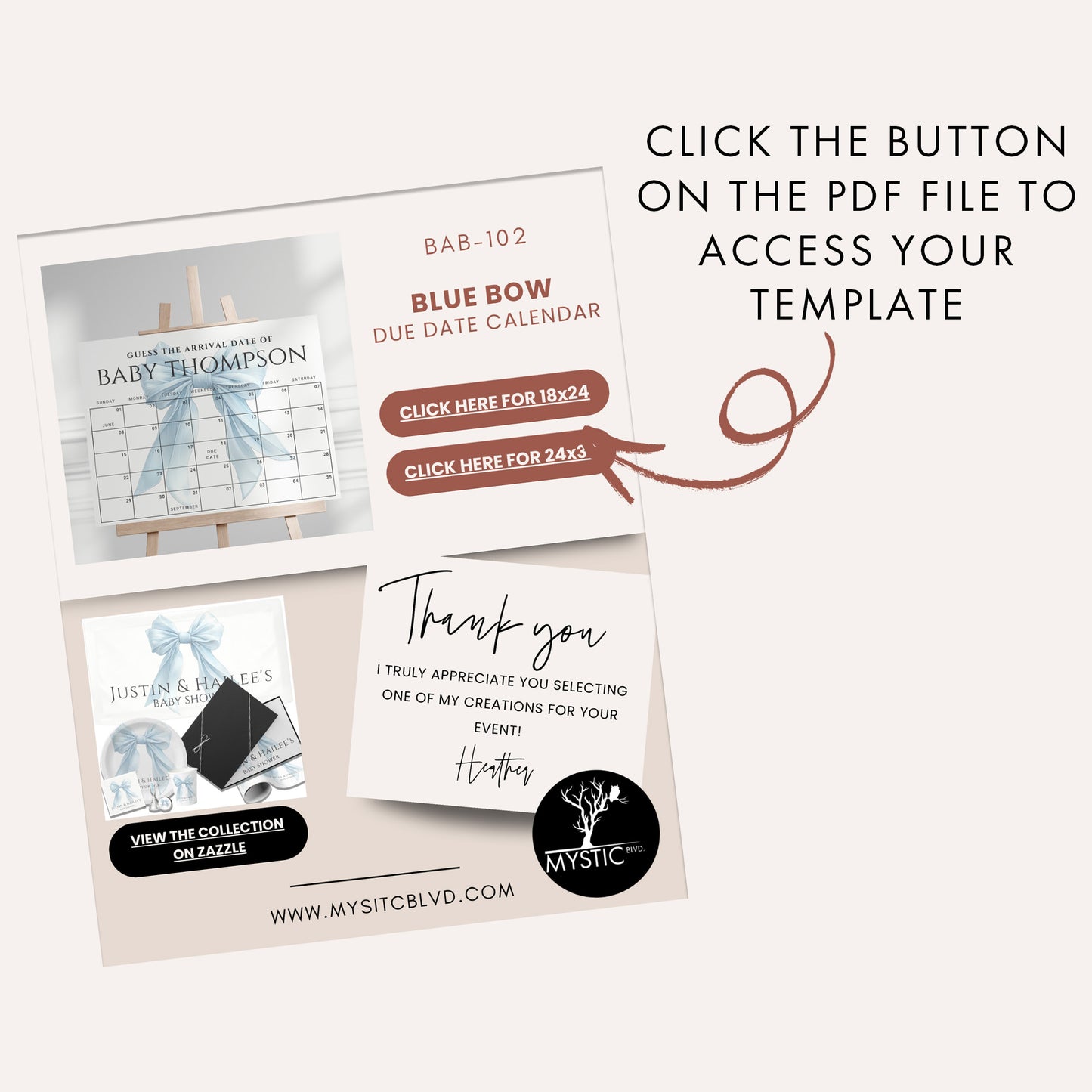 Editable Elegant Blue Bow Baby Shower Due Date Calendar Canva Template