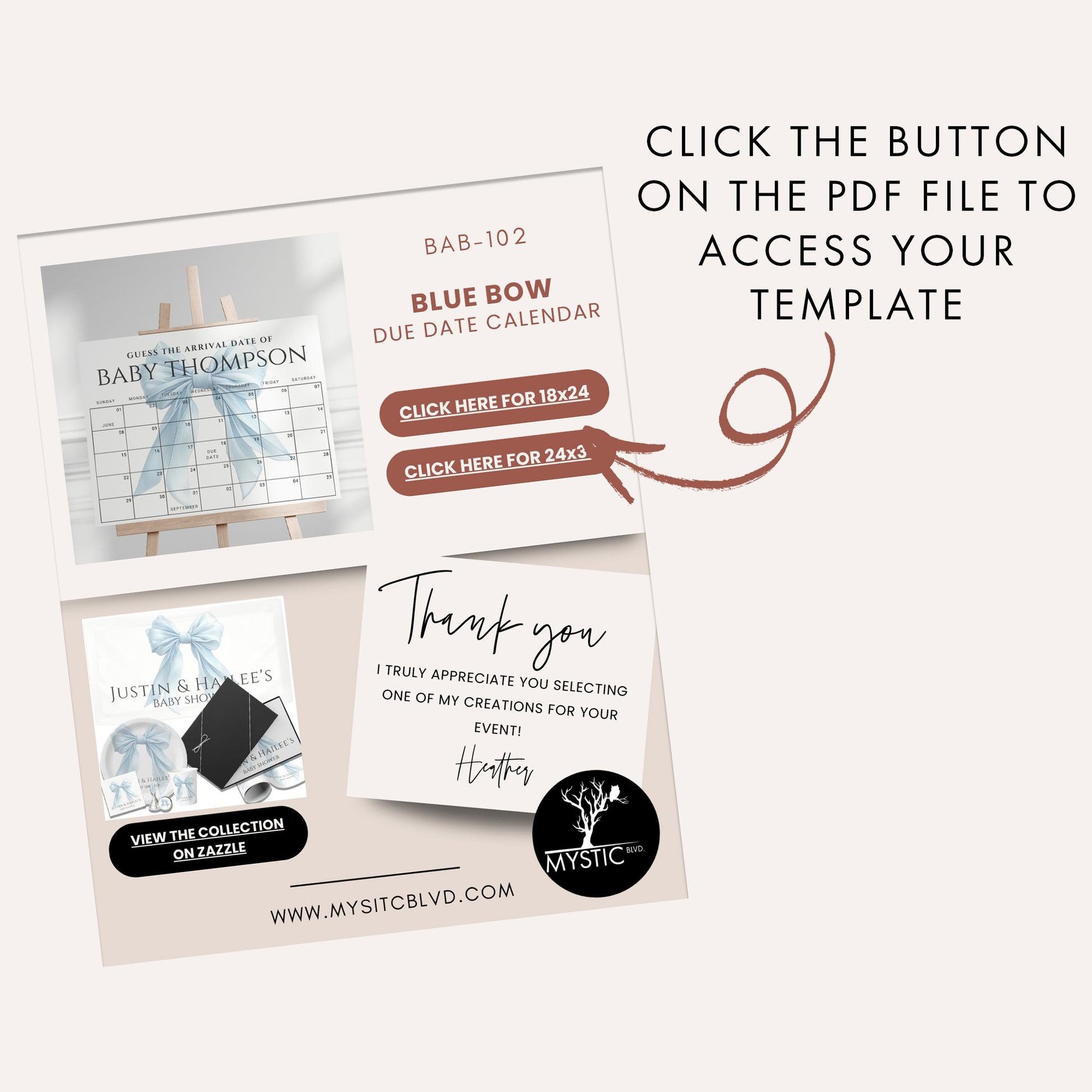Editable Elegant Blue Bow Baby Shower Due Date Calendar Canva Template