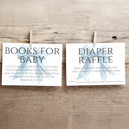 Editable Elegant Blue Bow Baby Shower Enclosure Cards Canva Template