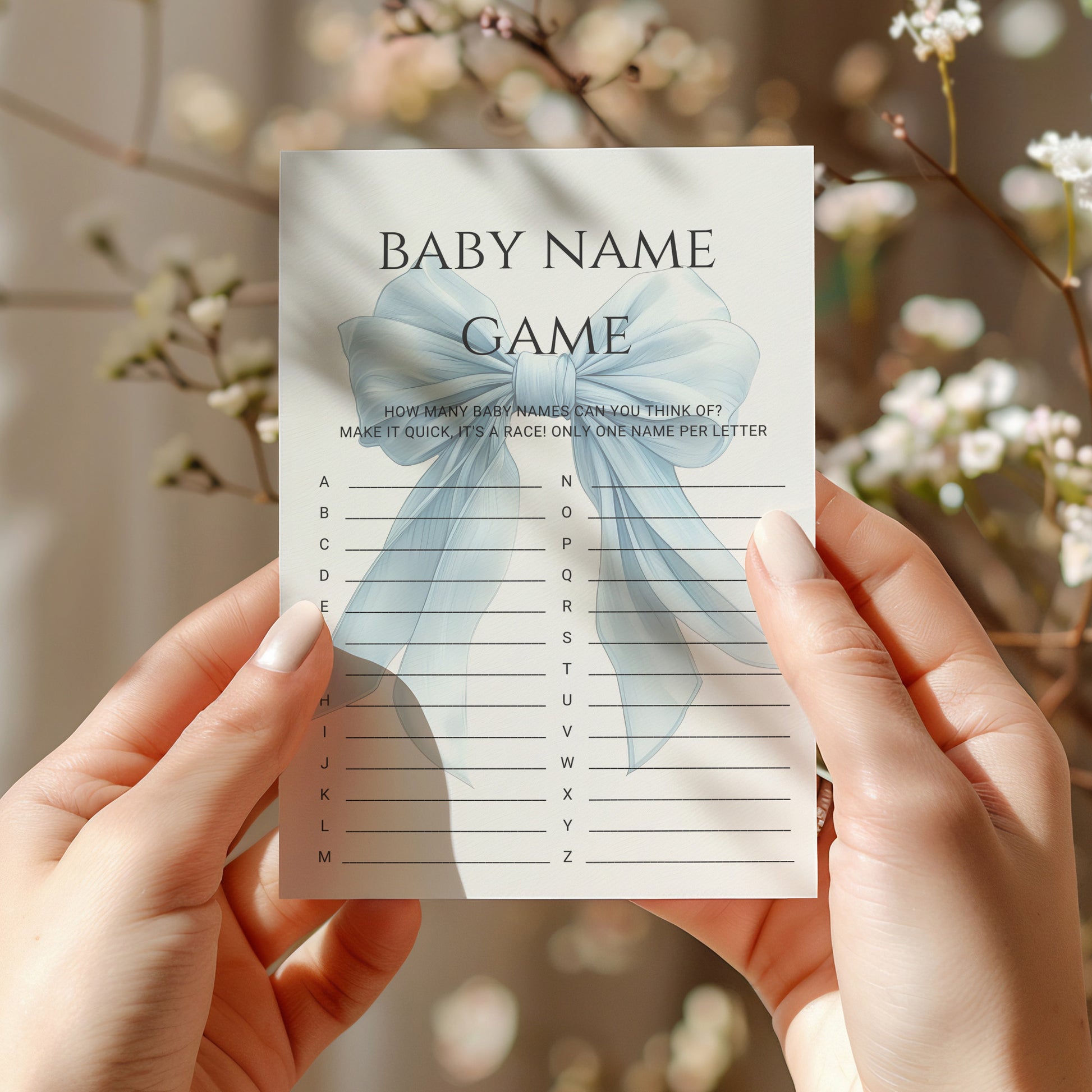 Printable Elegant Blue Bow Baby Shower Baby Name Game Game