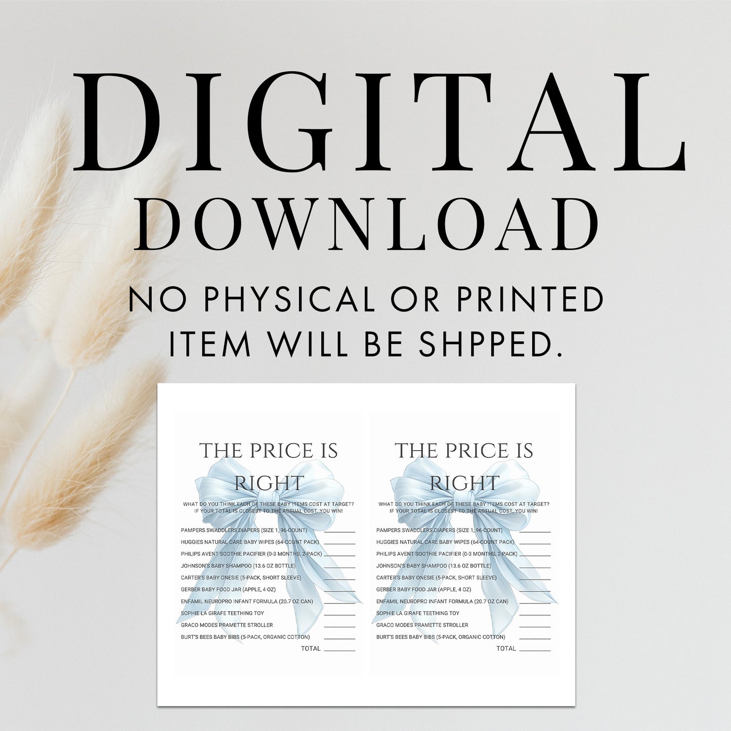 Printable Elegant Blue Bow Baby Shower The Price is Right Game