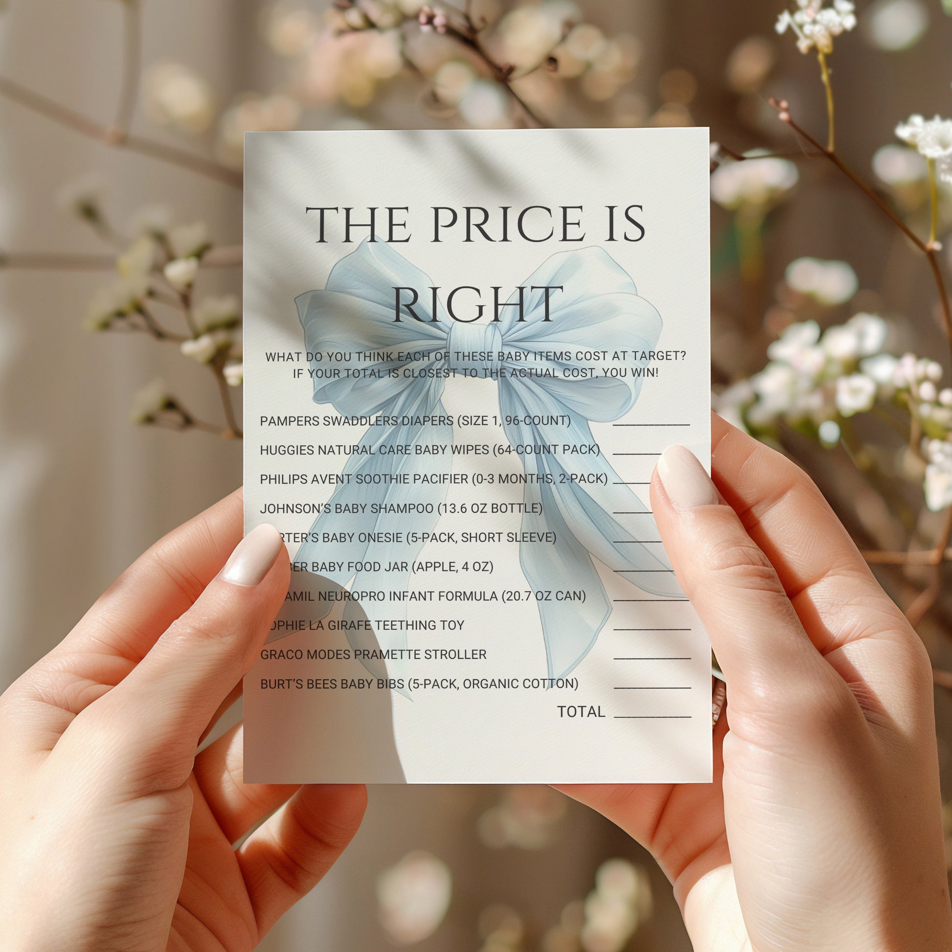 Printable Elegant Blue Bow Baby Shower The Price is Right Game