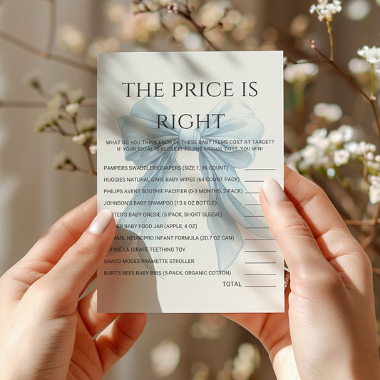 Printable Elegant Blue Bow Baby Shower The Price is Right Game
