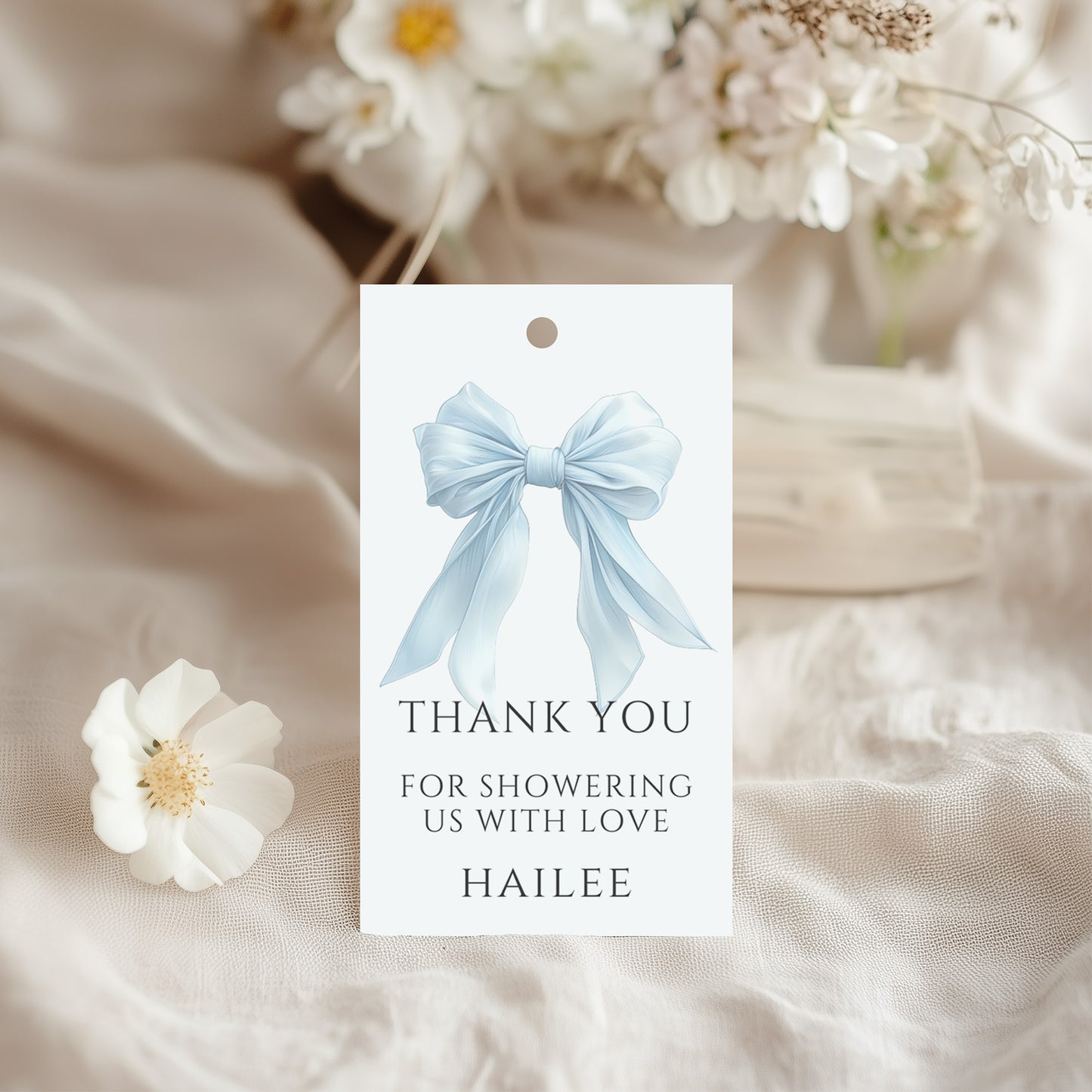 Editable Elegant Blue Bow Baby Shower Gift Tag Canva Template