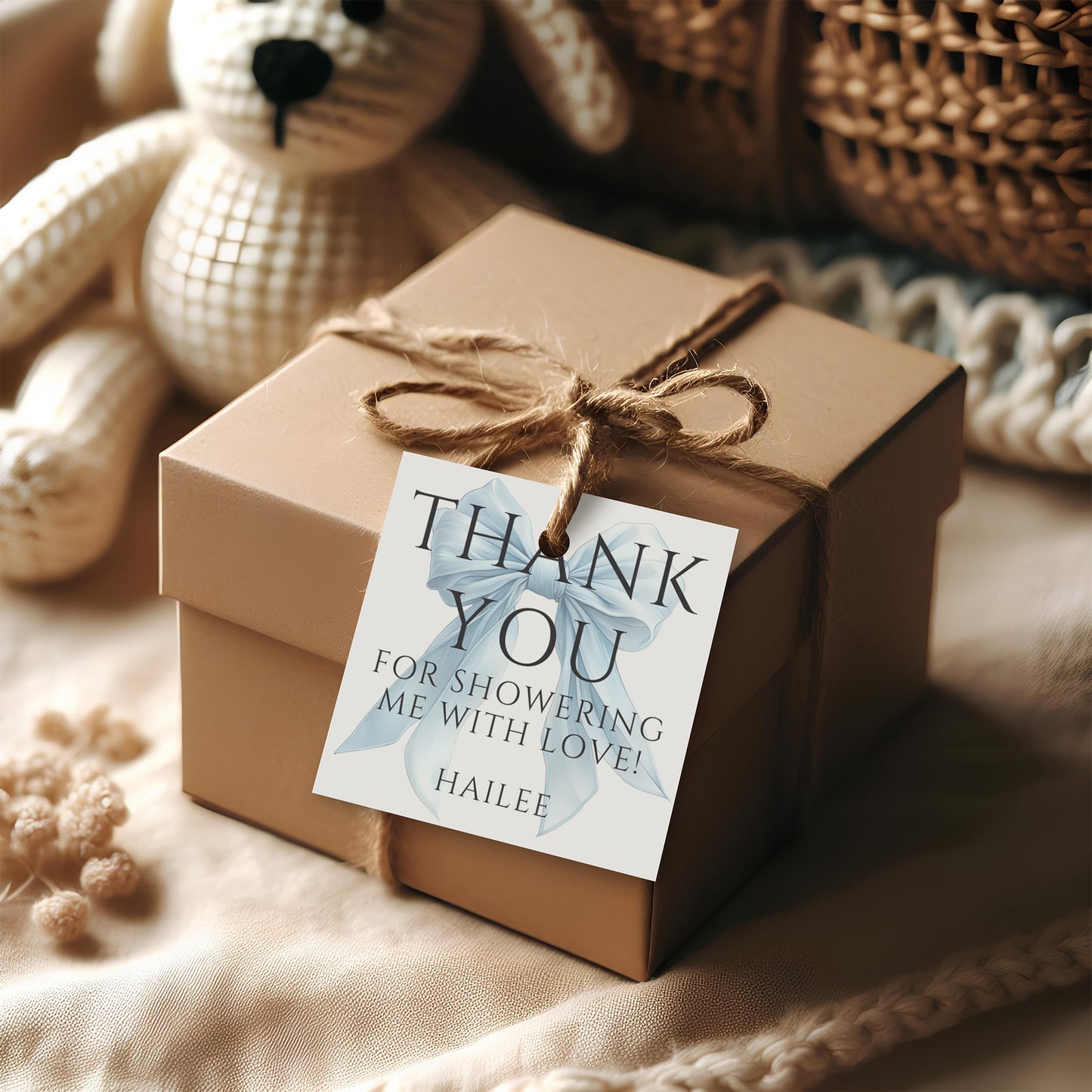 Editable Elegant Blue Bow Baby Shower Square Favor Tag Canva Template