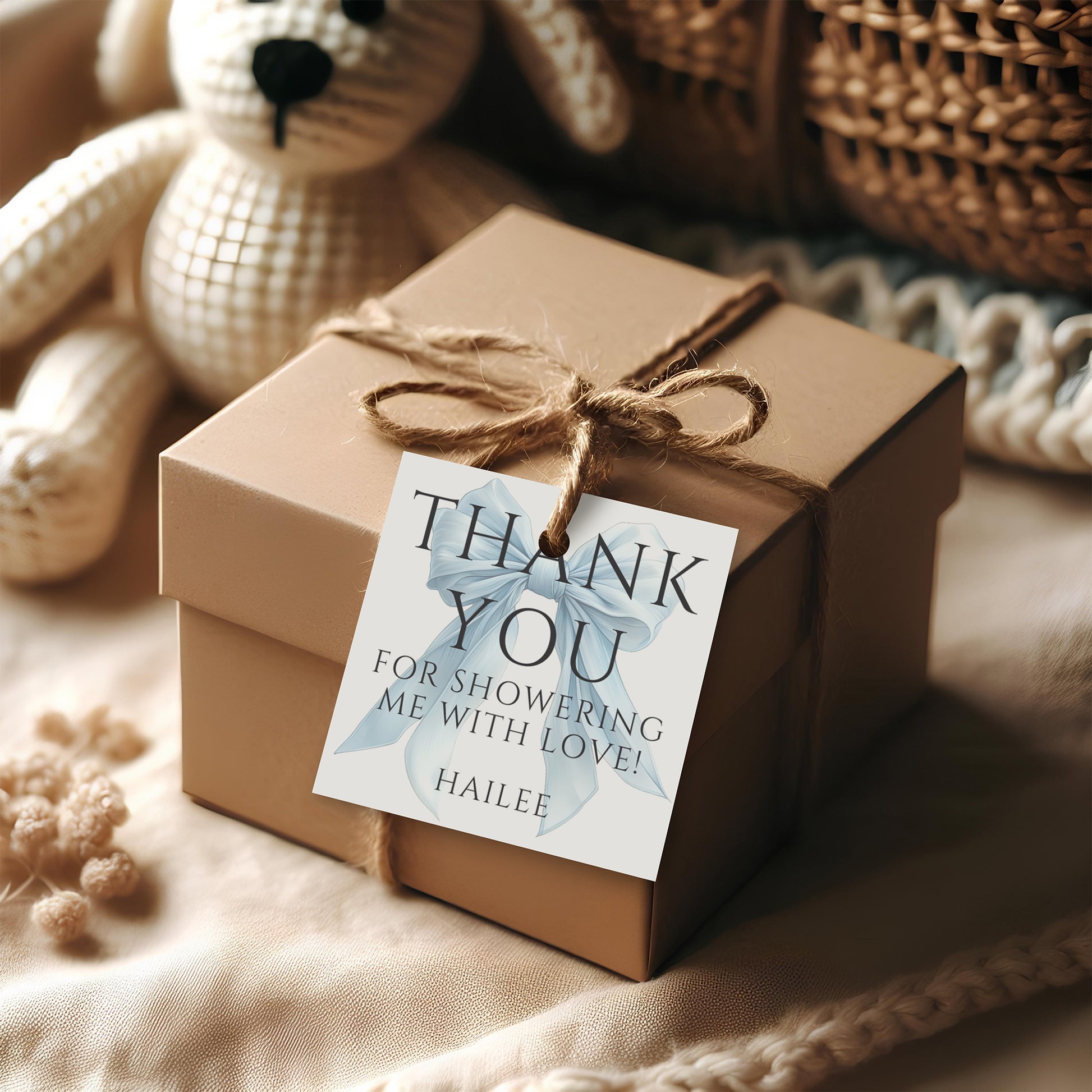 Editable Elegant Blue Bow Baby Shower Square Favor Tag Canva Template